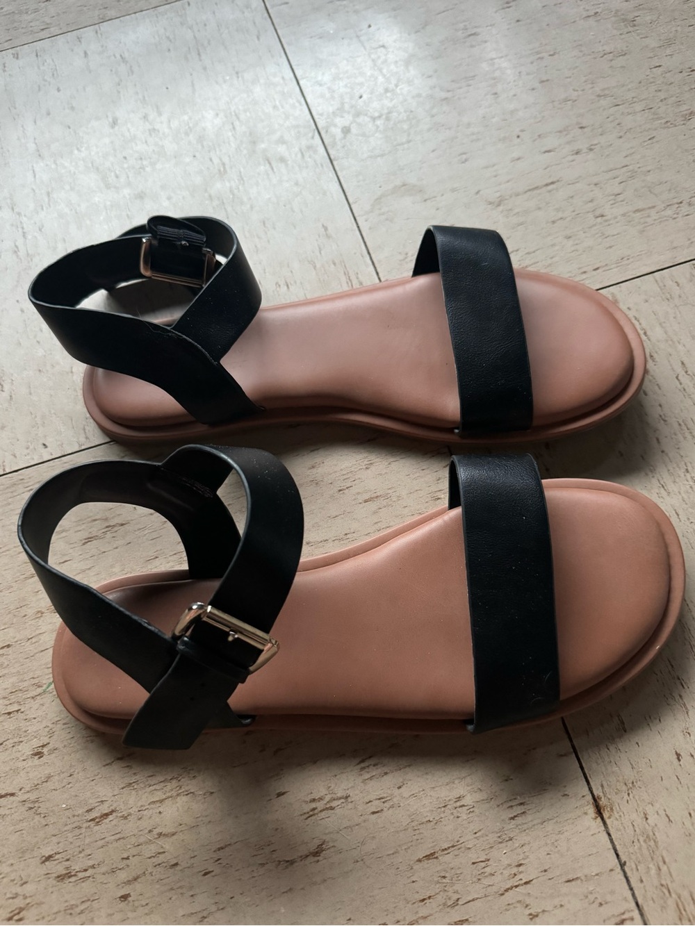 Call It Spring Black and Tan Ankle-Strap Flat Sandals